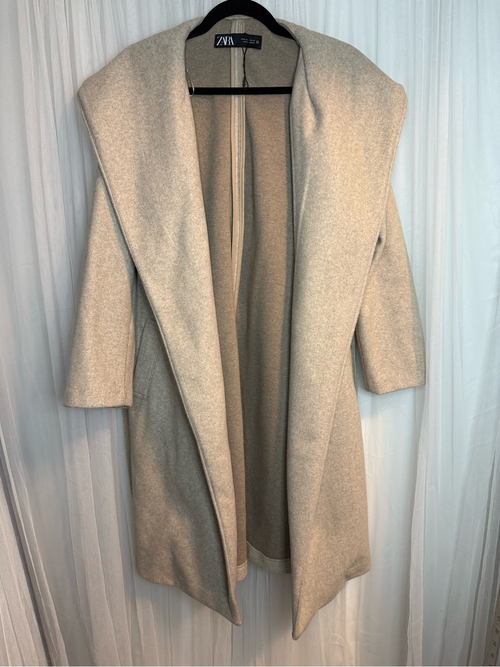 Zara Beige Hooded Open-Front Coatigan